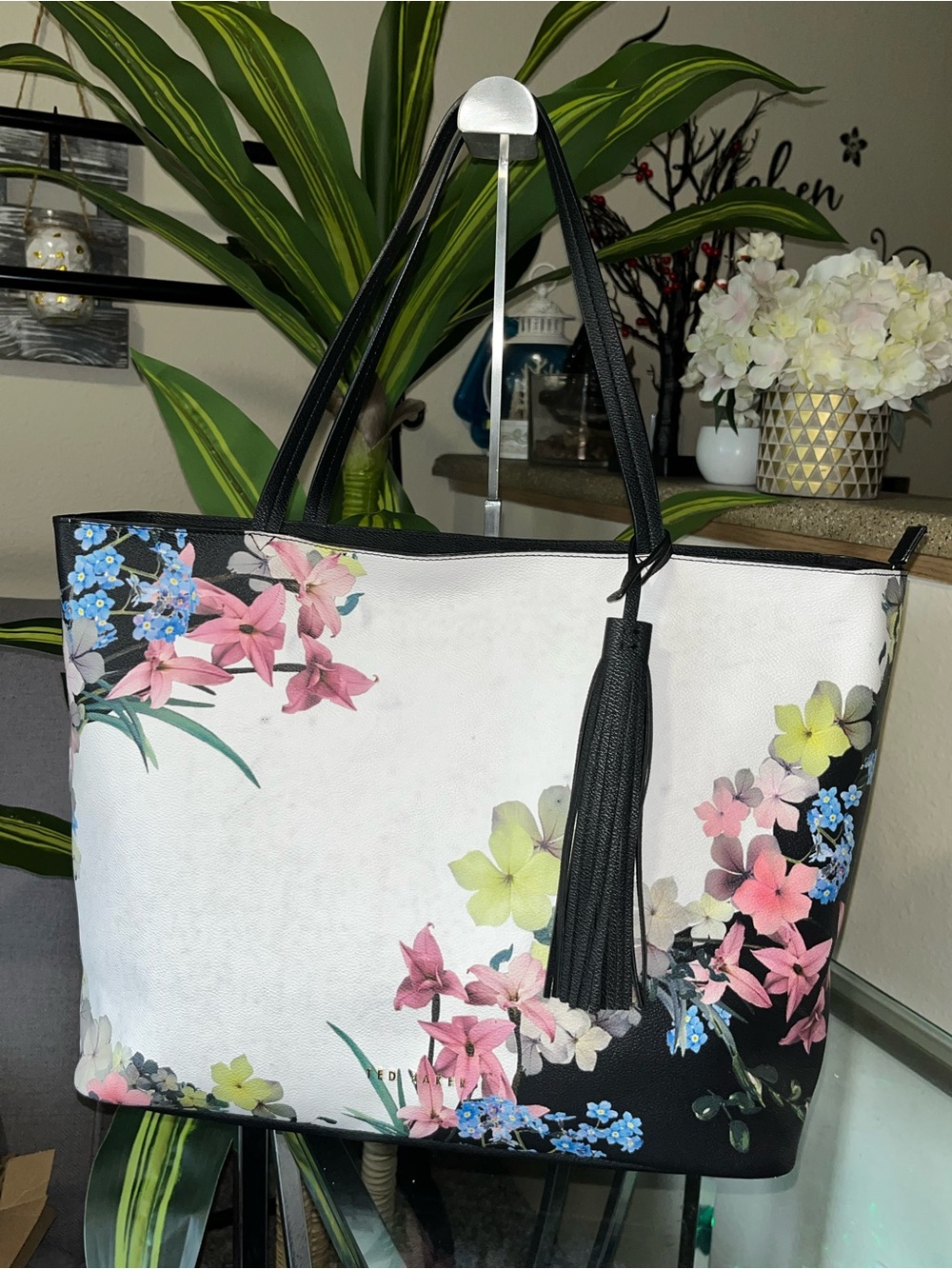 Ted Baker Floral Print ToteBag - White with Pink & Blue Flowers